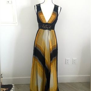 BCBGMaxazria Silk Formal V Neck Dress - Goldenrod